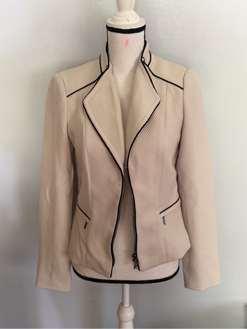 White House Black Market Cream Jacket with Black Piping